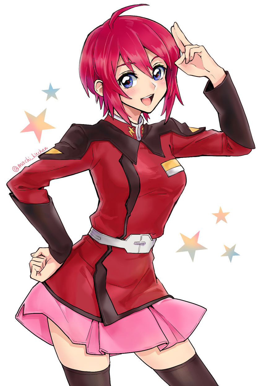 1girl, ahoge, arm_up, belt, black_thighhighs, blue_eyes, contrapposto, gundam, gundam_seed, gundam_seed_destiny, hair_between_eyes, hand_on_own_hip, highres, jacket, long_sleeves, looking_at_viewer, lunamaria_hawke, military_uniform, miniskirt, pink_skirt, red_jacket, redhead, rikovui, short_hair, skirt, solo, standing, thigh-highs, twitter_username, uniform, white_background, white_belt, zaft_uniform, zettai_ryouiki