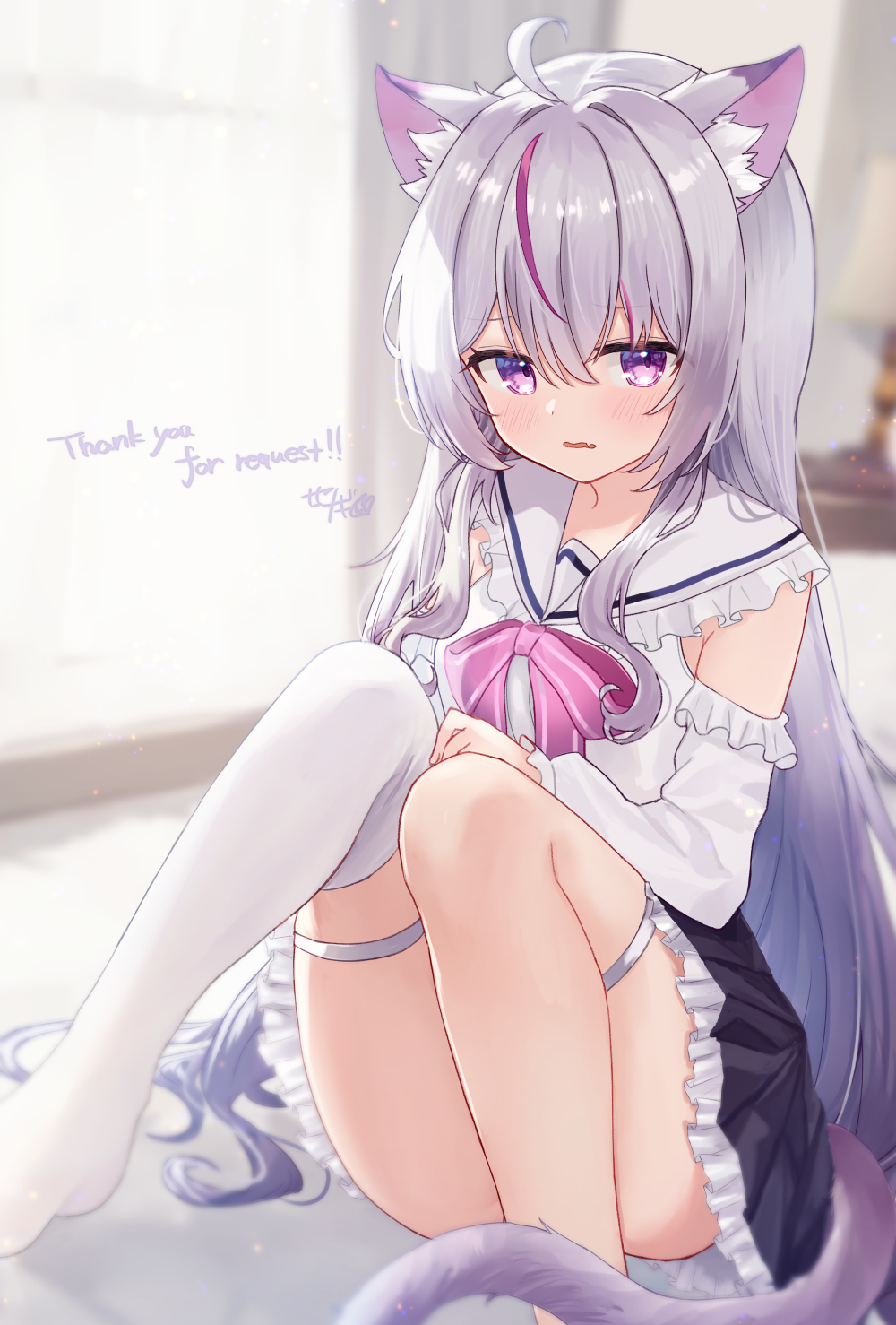 1girl, animal_ears, black_skirt, blurry, blurry_background, bow, bowtie, cat_ears