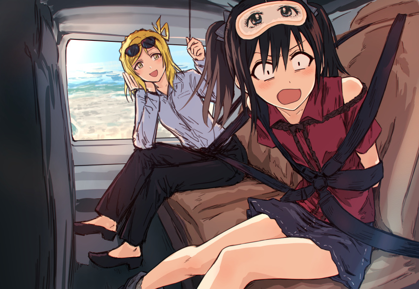 2girls, bad_id, bad_twitter_id, black_footwear, black_hair, black_pants, blonde_hair, blue_skirt