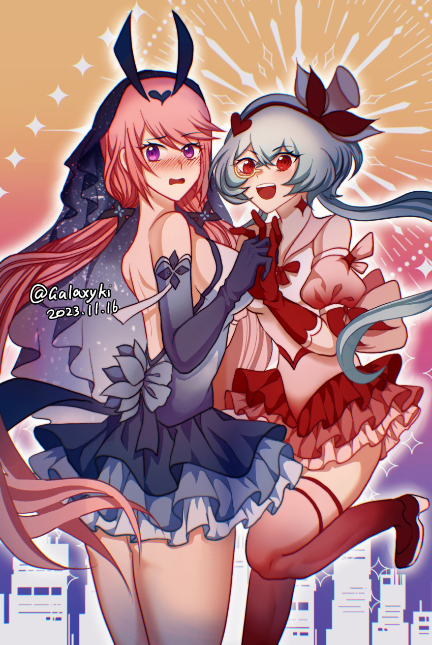 2girls, absurdres, blue_hair, brevey_(tower_of_fantasy), dress, highres, looking_at_viewer, multiple_girls, pink_hair, red_eyes, tower_of_fantasy, violet_eyes, yanuo_(tower_of_fantasy)