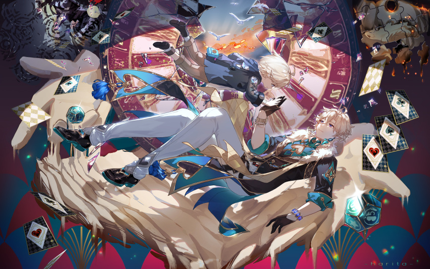 2boys, absurdres, ahoge, aqua_shirt, aventurine_(honkai:_star_rail), bandaged_arm, bandaged_leg, bandages