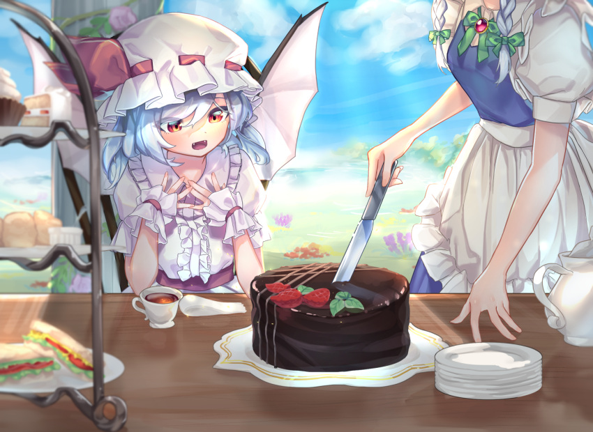 2girls, apron, ascot, bat_wings, blue_hair, brooch, cake, cake_slice
