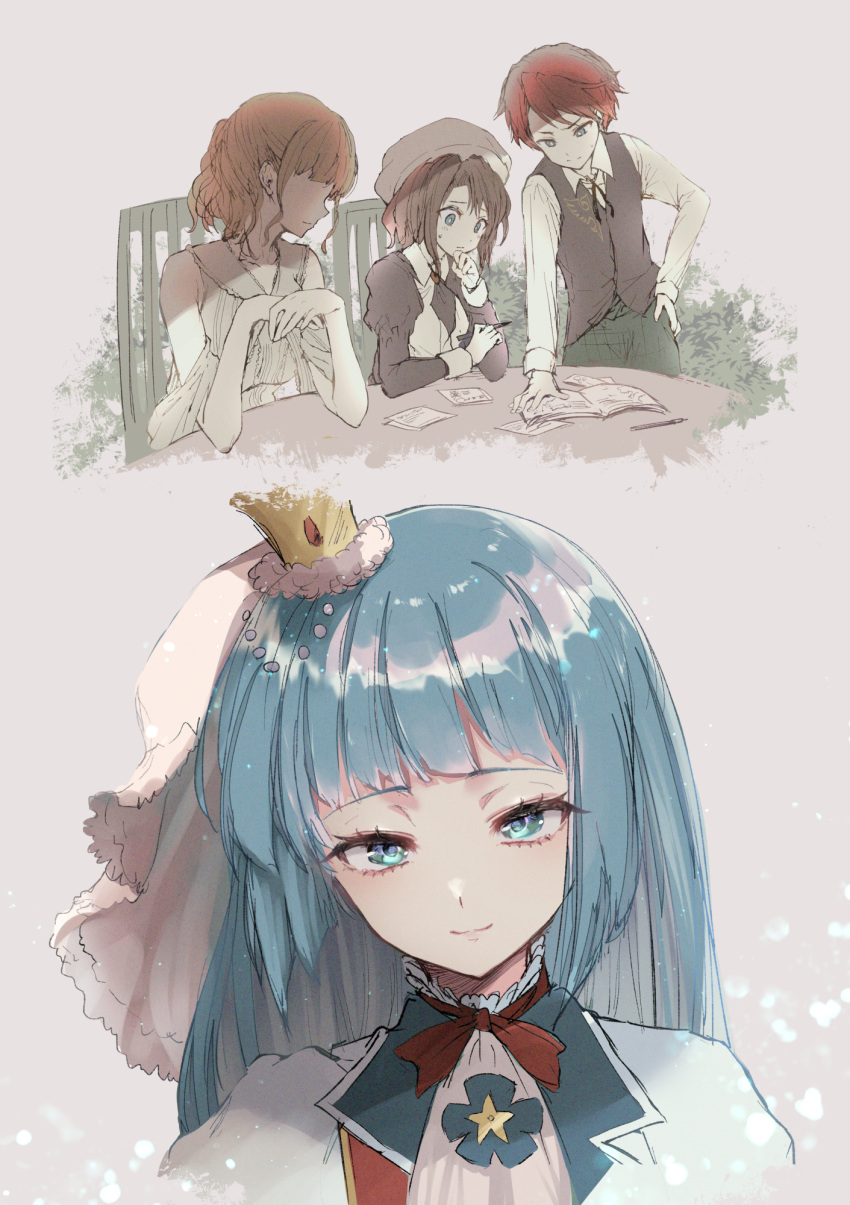 1boy, 3girls, blonde_hair, blue_eyes, blue_hair, brown_hair, bush, closed_mouth