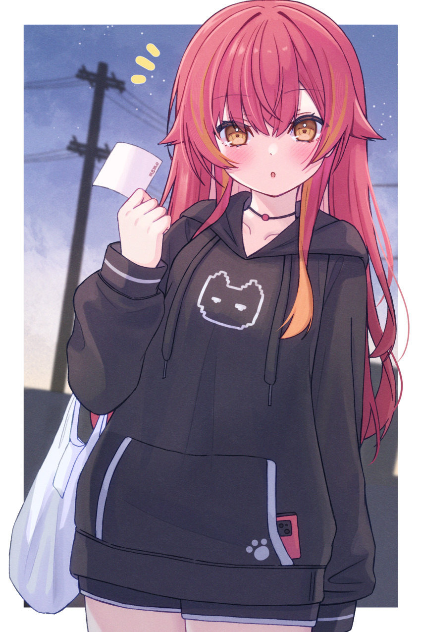 1girl, animal_print, anku, bag, black_hoodie, blush, cat_print, cellphone