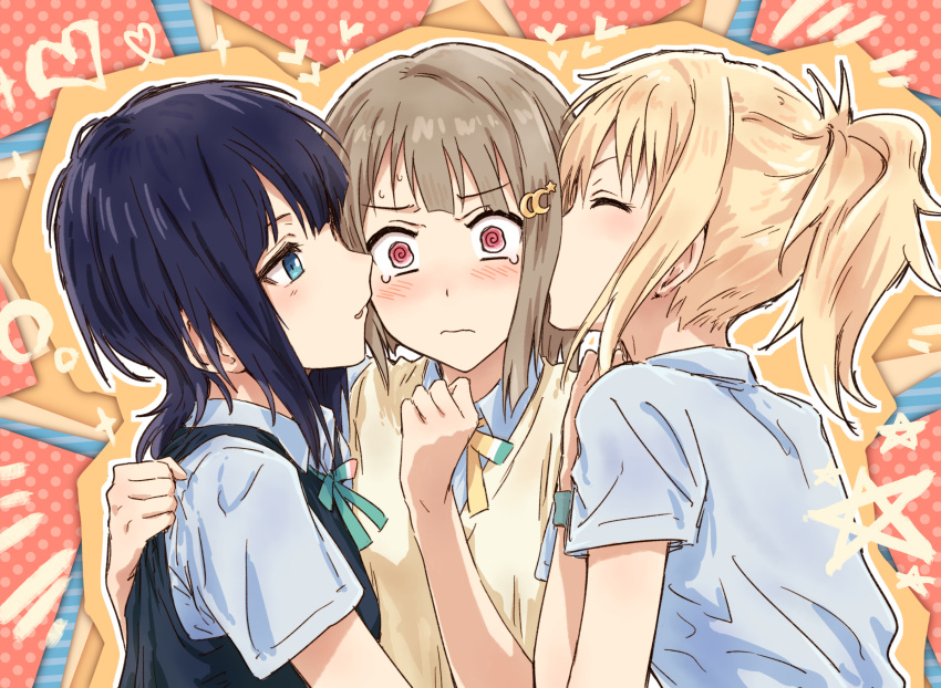 3:, 3girls, @_@, ^_^, asaka_karin, asymmetrical_hair, bad_id, bad_twitter_id