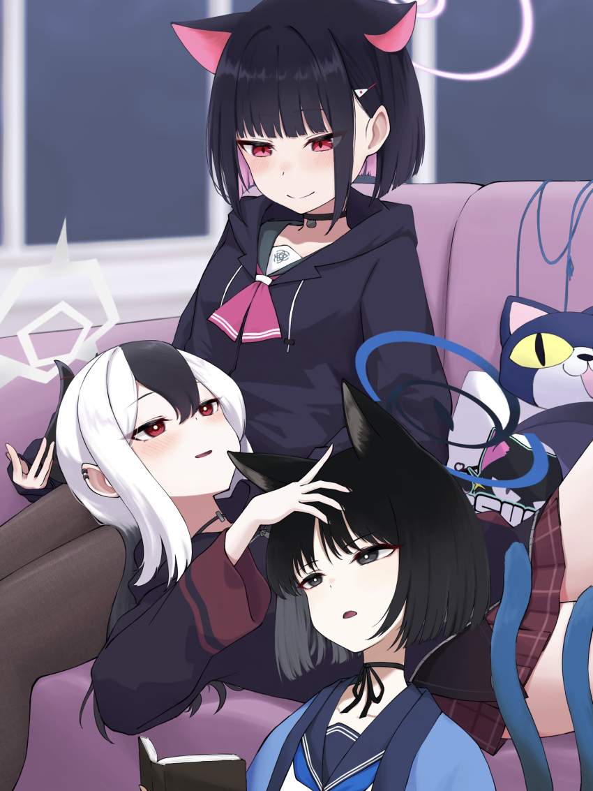 3girls, absurdres, animal_ears, black_eyes, black_hair, black_hoodie, black_horns, black_jacket
