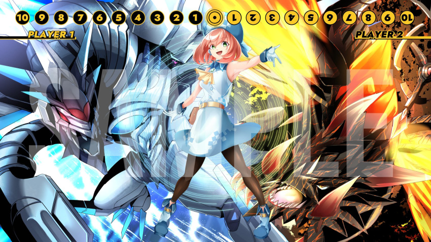 1girl, ascot, bare_arms, bare_shoulders, black_skin, black_thighhighs, blue_hair, breasts
