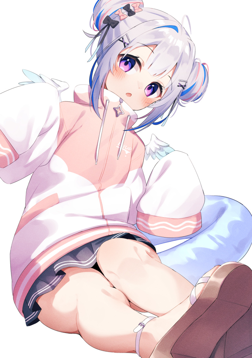 1girl, ahoge, amane_kanata, amane_kanata_(7th_costume), angel_wings, asymmetrical_hair, bare_legs, black_skirt, blue_hair, blue_wings, blush, bow, commentary, double_bun, drawstring, feathered_wings, feet_out_of_frame, fragir, gradient_wings, grey_hair, hair_bow, hair_bun, hair_ornament, hairclip, highres, hololive, innertube, jacket, long_sleeves, looking_at_viewer, microskirt, mini_wings, multicolored_clothes, multicolored_hair, multicolored_jacket, multicolored_wings, multiple_hair_bows, official_alternate_costume, open_mouth, pink_hair, pink_jacket, pleated_skirt, sandals, short_hair, sidelocks, simple_background, single_hair_intake, sitting, sitting_on_person, skirt, sleeves_past_fingers, sleeves_past_wrists, solo, streaked_hair, swim_ring, two-tone_jacket, violet_eyes, virtual_youtuber, white_background, white_jacket, white_wings, wings, x_hair_ornament
