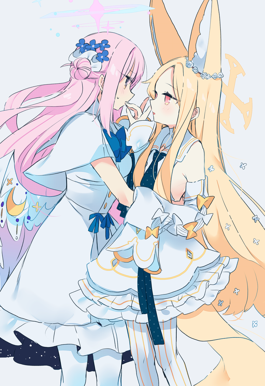 2girls, animal_ear_fluff, animal_ears, bare_shoulders, blonde_hair, blue_archive, blue_flower, blush