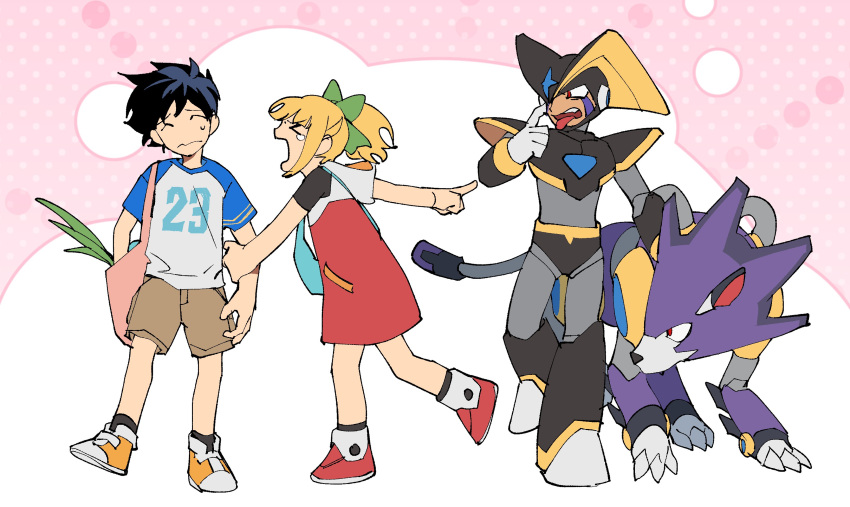 >_<, 1girl, 2boys, absurdres, armor, bag, bass_(mega_man), black_armor