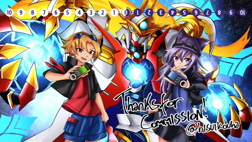 1boy, 1girl, bandana, bandana_around_arm, black_jacket, black_skirt, blonde_hair, blue_eyes, blue_shirt, blue_shorts, brown_eyes, cape, commission, cowboy_shot, cropped_jacket, digimon, digimon_(creature), digimon_card_game, digivice_burst, energy, energy_blade, energy_wings, english_commentary, floating, floating_object, floating_sword, floating_weapon, forehead_jewel, goggles, goggles_on_head, gracenovamon, hat, highres, hisuikouha, holding, humanoid_robot, jacket, koh_(digimon), long_hair, miniskirt, print_cape, purple_bandana, purple_hair, purple_hat, red_bandana, red_shirt, robot, sayo_(digimon), shirt, short_hair, shorts, skirt, space, space_print, starry_sky_print, sword, thank_you, twitter_username, two-sided_cape, two-sided_fabric, violet_eyes, weapon, white_cape
