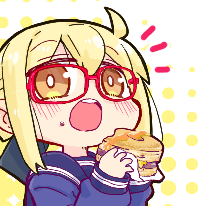 1girl, :o, artoria_pendragon_(fate), blonde_hair, blue_jacket, blue_sailor_collar, blush, brown_eyes