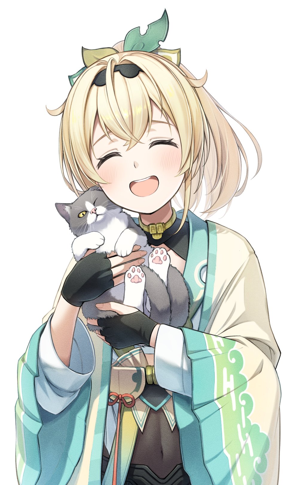 1girl, :d, animal, awokani, black_gloves, black_hairband, black_shrug, blonde_hair
