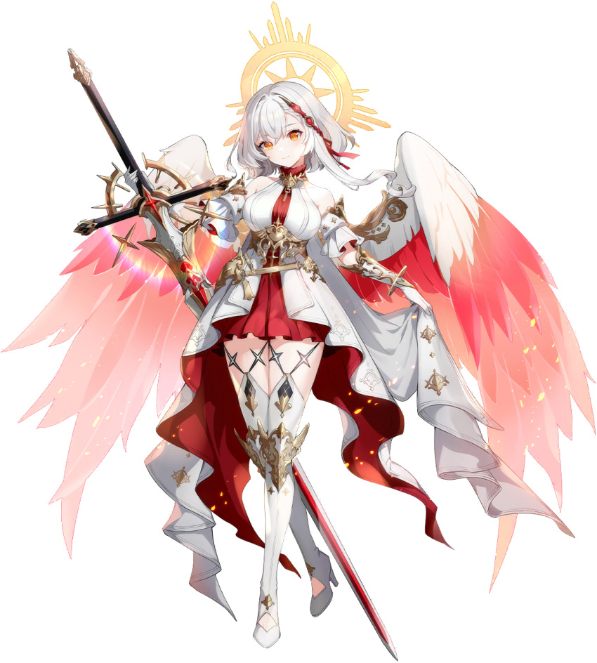 1girl, angel, asymmetrical_bangs, boots, bracer, breasts, catherine_(eversoul), catherine_(radiance)_(eversoul)