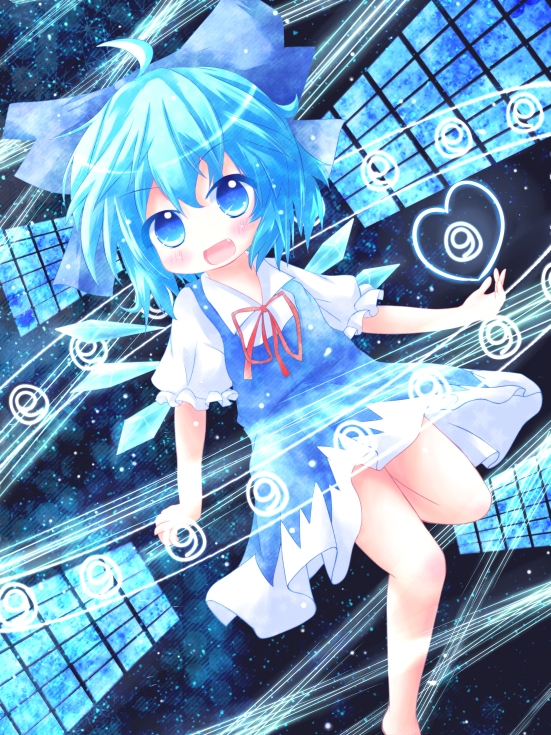 ?, ahoge, barefoot, blue_eyes, blue_hair, bow, cirno, dress