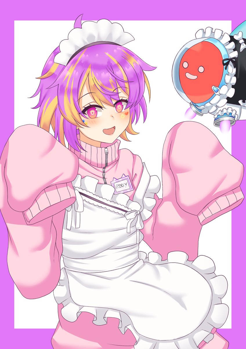 1girl, :d, ahoge, alternate_costume, apron, aurix_"rixxy"_brightful, blonde_hair, blush