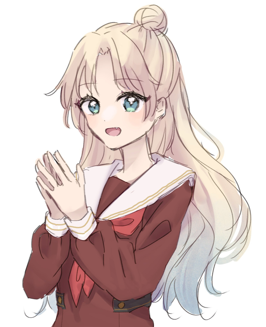 1girl, :d, aqua_eyes, aqua_hair, blonde_hair, brown_dress, commentary_request, dress