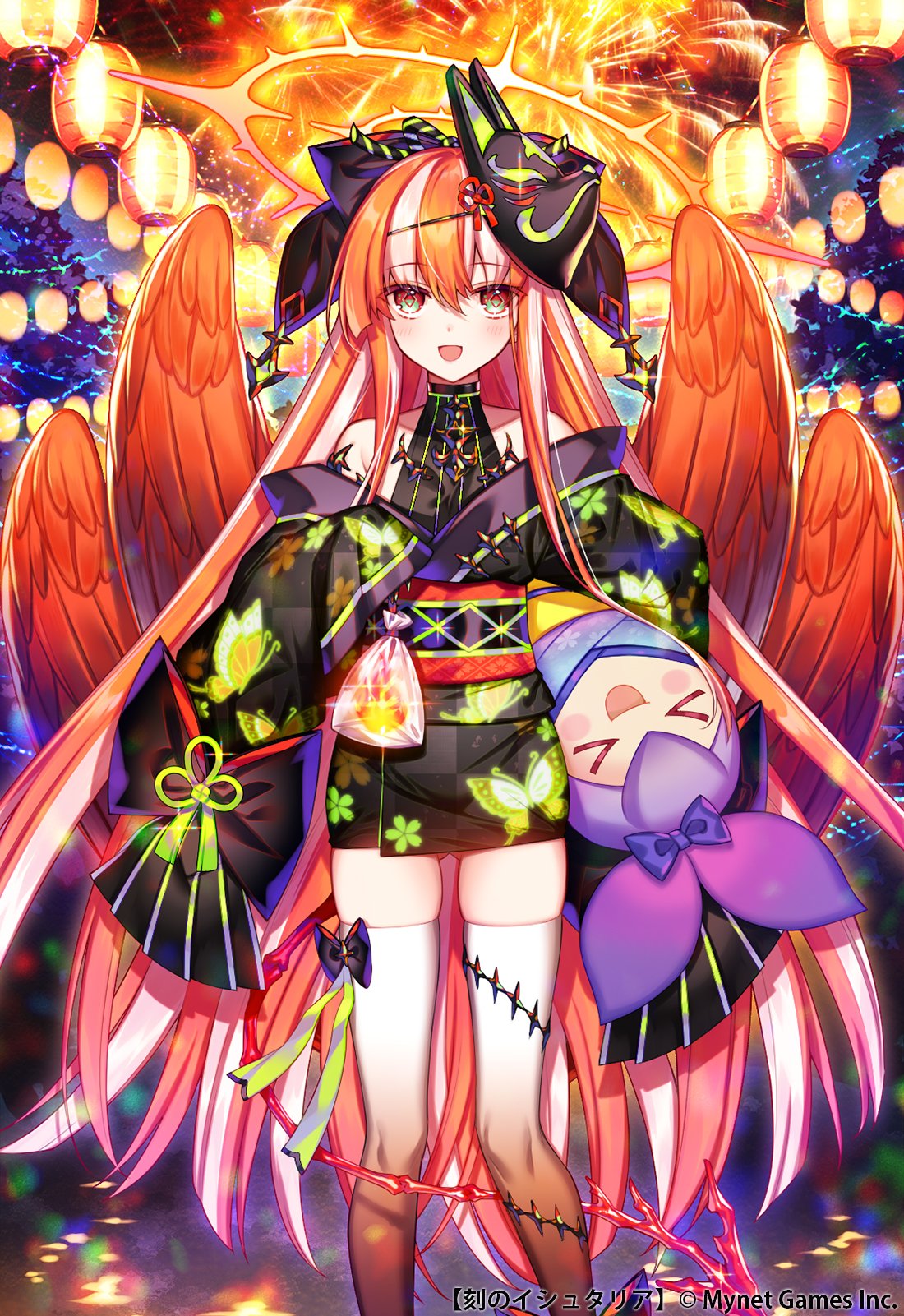 1girl, :d, age_of_ishtaria, azrael_(age_of_ishtaria), black_kimono, blush, feathered_wings, fireworks