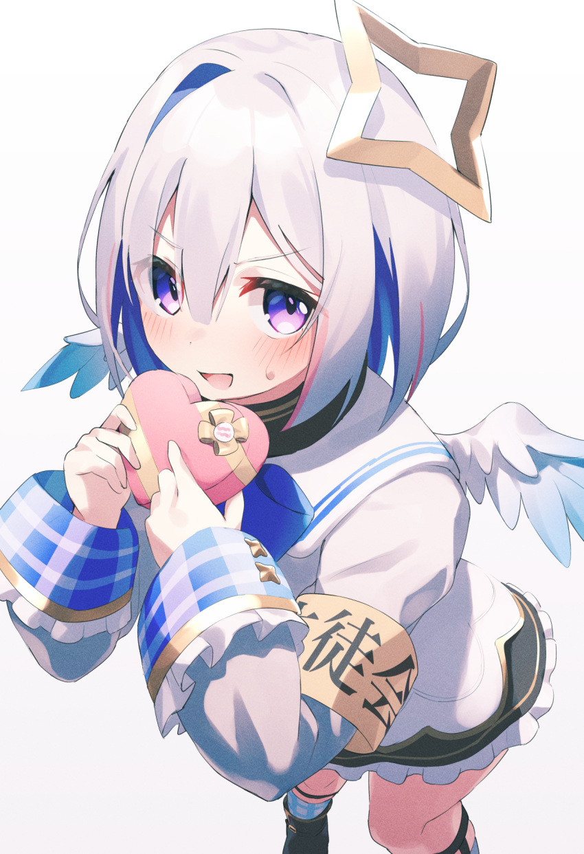 1girl, amane_kanata, amane_kanata_(1st_costume), angel_wings, armband, asymmetrical_bangs, asymmetrical_hair, black_footwear, black_skirt, blue_bow, blue_bowtie, blue_hair, blue_socks, blue_wings, blush, bob_cut, boots, bow, bowtie, box, colored_inner_hair, commentary, cropped_jacket, feathered_wings, feet_out_of_frame, fragir, frilled_skirt, frills, gift, gift_box, gingham_socks, gradient_wings, grey_hair, grey_jacket, hair_over_one_eye, halo, hands_up, heart-shaped_box, highres, holding, holding_gift, hololive, jacket, long_sleeves, looking_at_viewer, mini_wings, miniskirt, multicolored_hair, multicolored_wings, nervous_smile, open_mouth, pink_hair, sailor_collar, shirt, short_hair, simple_background, single_hair_intake, skirt, sleeve_cuffs, small_sweatdrop, smile, socks, solo, standing, star_halo, streaked_hair, turtleneck, valentine, violet_eyes, virtual_youtuber, white_background, white_shirt, white_wings, wide_sleeves, wings, yellow_halo