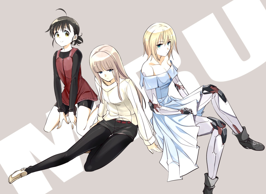 3girls, android, bare_shoulders, black_hair, blonde_hair, blue_eyes, dress, hair_between_eyes