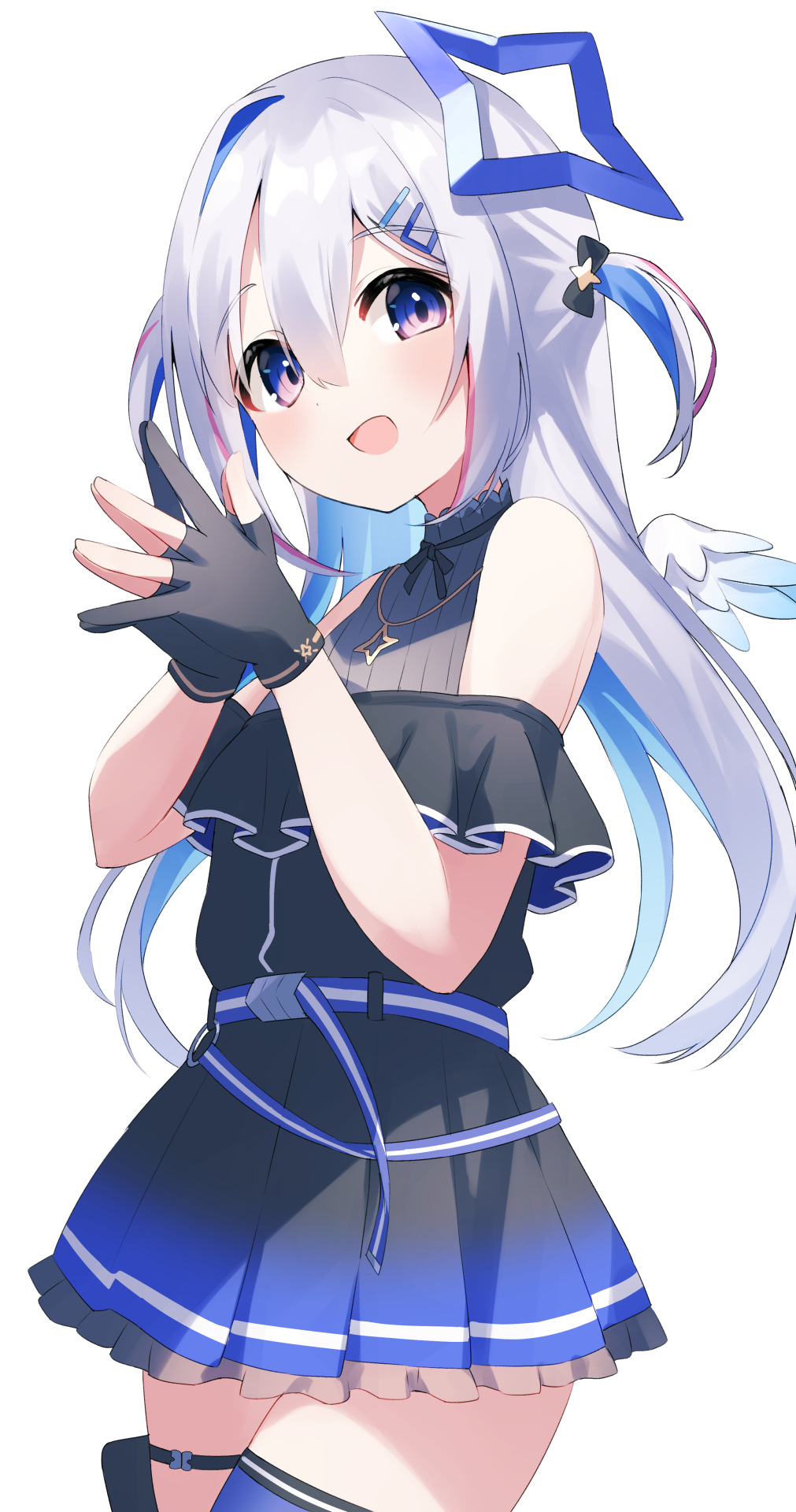 1girl, :d, amane_kanata, amane_kanata_(work), bare_shoulders, black_gloves, black_shirt, black_skirt, blue_eyes, blue_hair, blue_skirt, blue_thighhighs, blush, commentary, cowboy_shot, flat_chest, floating_hair_ornament, fragir, gloves, gradient_skirt, hair_between_eyes, hair_intakes, highres, hololive, jewelry, legs_together, long_hair, looking_at_viewer, mini_wings, multicolored_hair, off-shoulder_shirt, off_shoulder, official_alternate_costume, one_side_up, open_mouth, own_hands_together, partially_fingerless_gloves, pendant, petticoat, pink_eyes, pleated_skirt, shirt, sidelocks, simple_background, skirt, smile, solo, steepled_fingers, thigh-highs, two-tone_eyes, two-tone_hair, virtual_youtuber, white_background, white_hair, wings, zettai_ryouiki