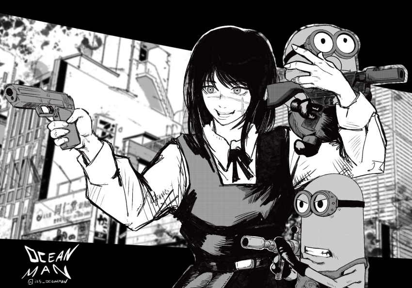 1girl, 2others, artist_name, belt, black_border, black_footwear, black_hair, black_ribbon, border, chainsaw_man, city, cityscape, clenched_teeth, collared_shirt, creature, creature_on_shoulder, cross_scar, crossover, despicable_me, dress, english_commentary, fourth_east_high_school_uniform, glaring, goggles, greyscale, gun, highres, holding, holding_gun, holding_weapon, long_hair, minion_(despicable_me), minions_(movie), monochrome, multiple_others, naked_overalls, neck_ribbon, ocean_man_(artist), on_shoulder, overalls, pinafore_dress, ribbon, ringed_eyes, scar, scar_on_cheek, scar_on_face, school_uniform, shirt, sketch, sleeveless, sleeveless_dress, smile, teeth, twitter_username, weapon, white_shirt, white_sleeves, yoru_(chainsaw_man)