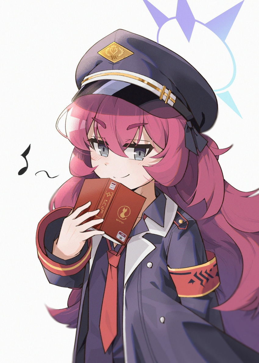 1girl, arm_behind_back, armband, black_coat, black_shirt, blue_archive, book, coat