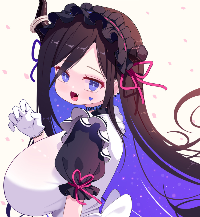 1girl, apron, black_choker, black_hair, black_headdress, blue_eyes, blush, breasts, broken_horns, brown_dust_2, character_name, choker, colored_inner_hair, demon_girl, demon_horns, ear_piercing, eclipse_(brown_dust_2), eyebrows_hidden_by_hair, facial_tattoo, falling_petals, fang, from_side, gloves, hair_between_eyes, heart, heart_tattoo, highres, horn_ornament, horn_ring, horns, huge_breasts, long_hair, looking_at_viewer, maid, maid_apron, multicolored_hair, open_mouth, petals, piercing, purple_hair, simple_background, smile, solo, sseopik, tattoo, two-tone_hair, upper_body, very_long_hair, white_apron, white_background, white_gloves