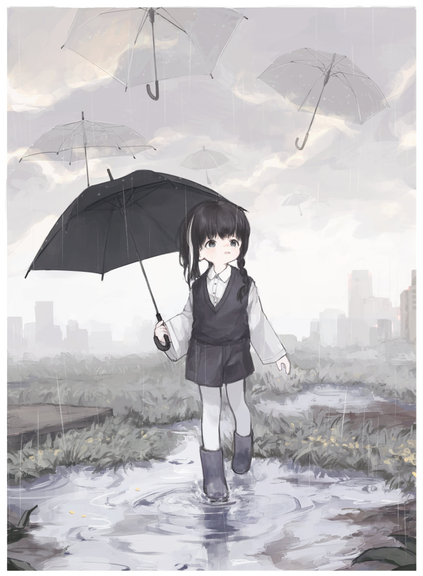1girl, absurdres, black_footwear, black_hair, black_shorts, black_vest, blue_eyes, boots, border, braid, building, city, clouds, cloudy_sky, collared_shirt, field, full_body, grass, highres, holding, holding_umbrella, ic_(iccccccccc81), looking_up, multicolored_hair, open_mouth, original, outdoors, pantyhose, puddle, rain, rubber_boots, shirt, shorts, sky, skyscraper, solo, streaked_hair, umbrella, vest, walking, water, white_border, white_hair, white_pantyhose, white_shirt
