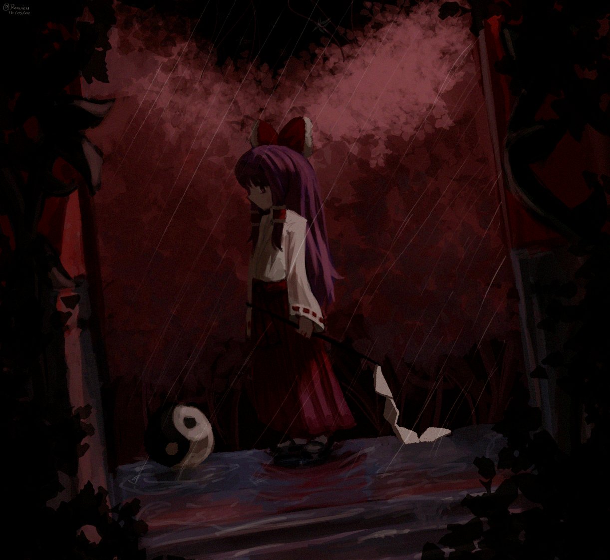 1girl, bow, dated, empty_eyes, geta, gohei, hair_bow, hair_tubes