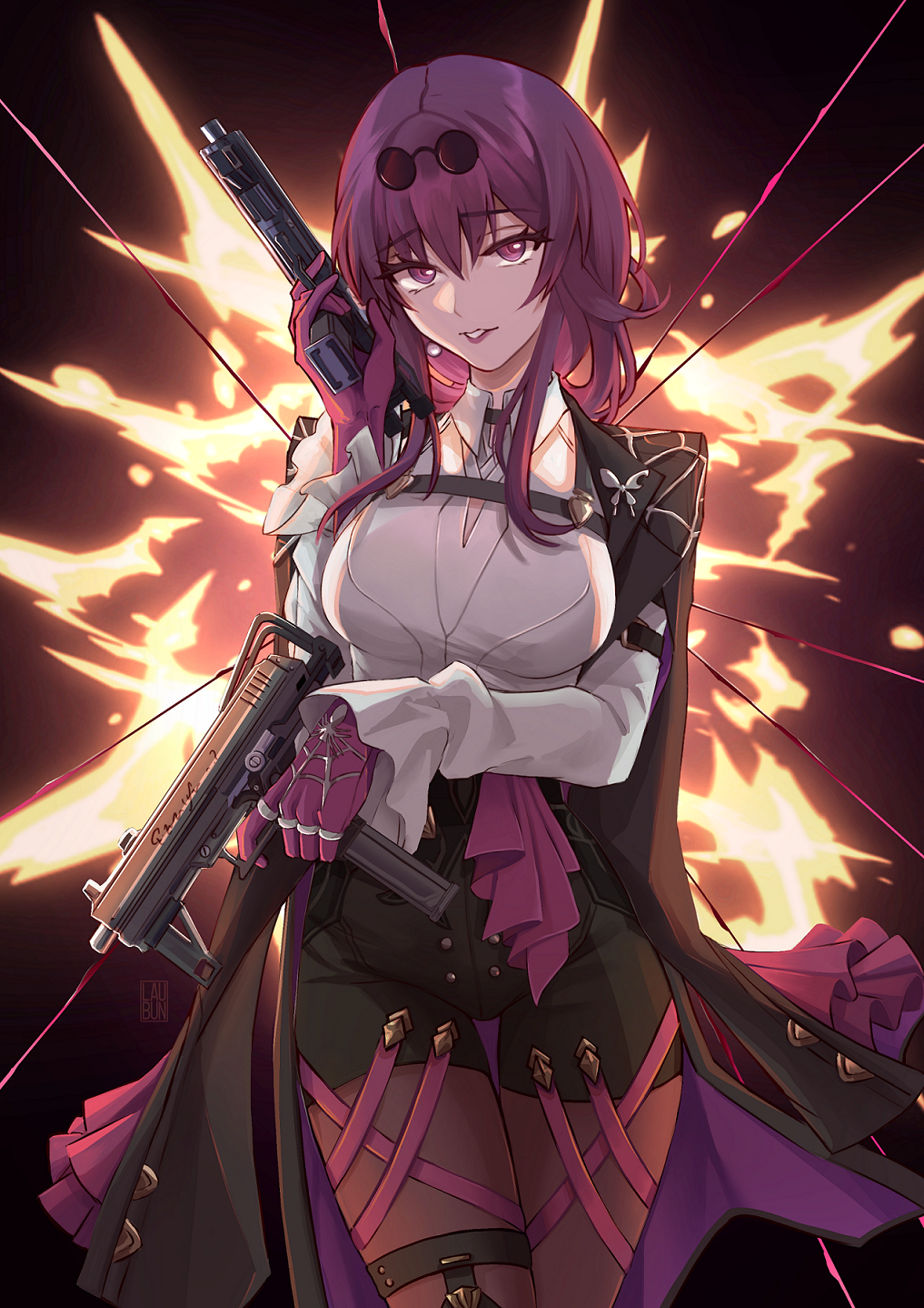 1girl, black_jacket, black_shorts, commentary, cowboy_shot, dual_wielding, eyewear_on_head, gun