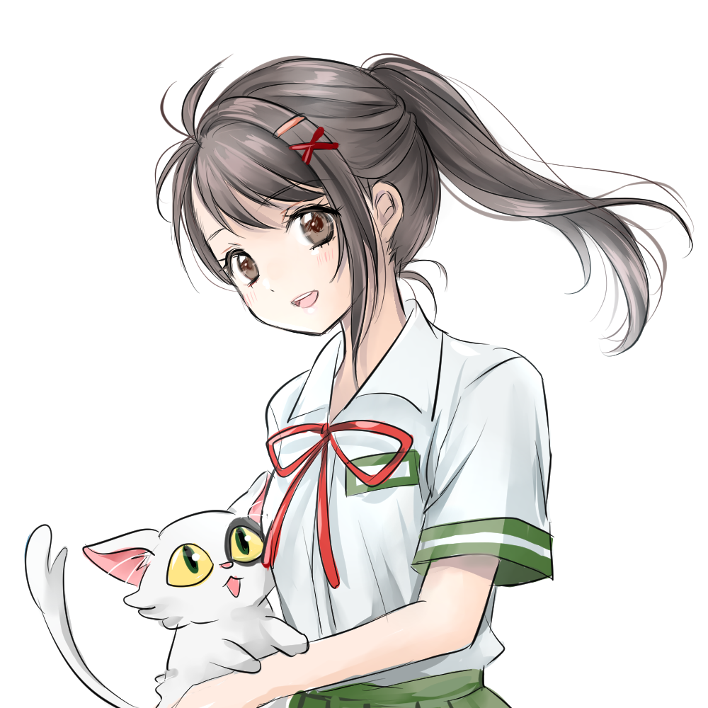 1girl, :d, animal, brown_eyes, brown_hair, cat, collared_shirt, commentary_request