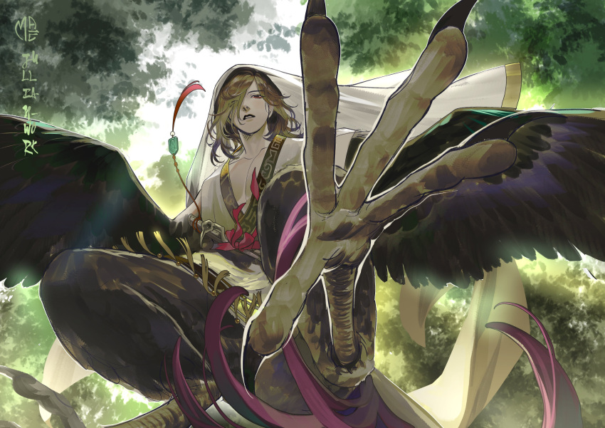 1boy, absurdres, artist_name, bird_legs, bird_wings, brown_feathers, brown_hair, brown_wings