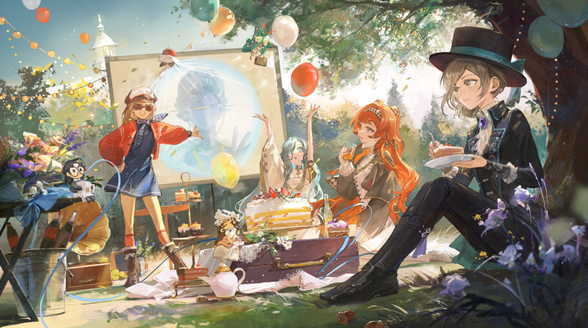 37_(reverse:1999), 4girls, ancient_greek_clothes, apple_(reverse:1999), blue_hair, boater_hat, cake, celebration
