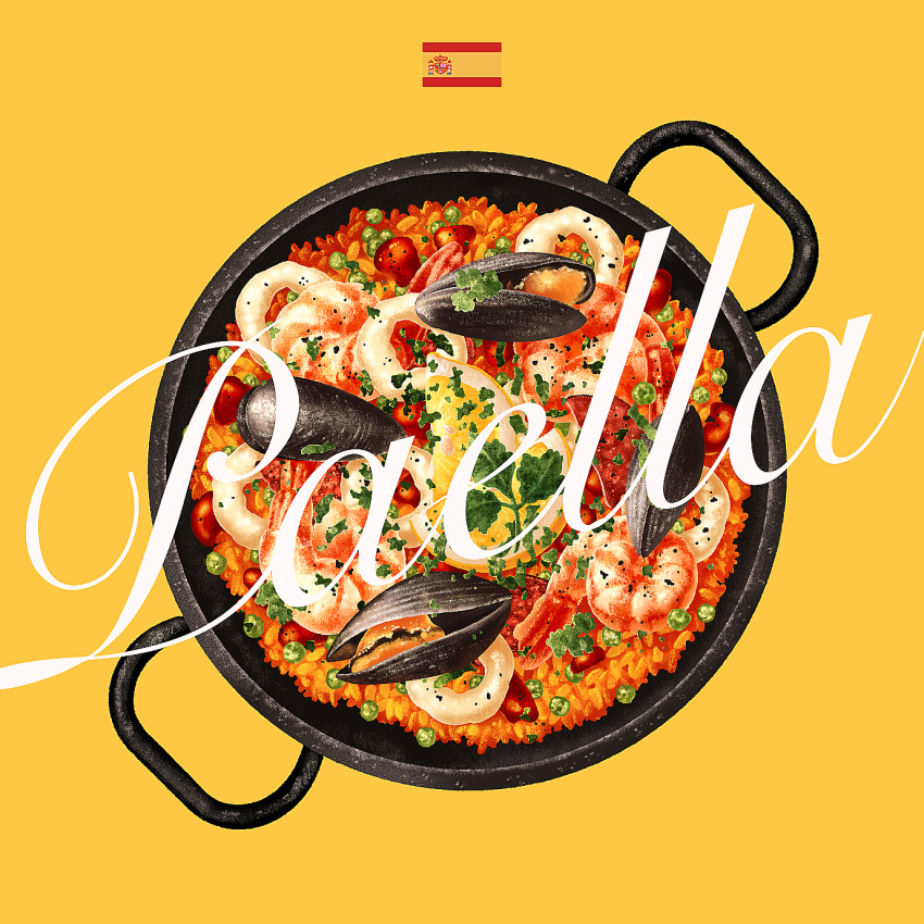 food, food_focus, food_name, fruit, highres, lemon, lemon_slice, mussel, nasie, no_humans, original, paella, rice, seafood, shrimp, simple_background, spanish_flag, yellow_background