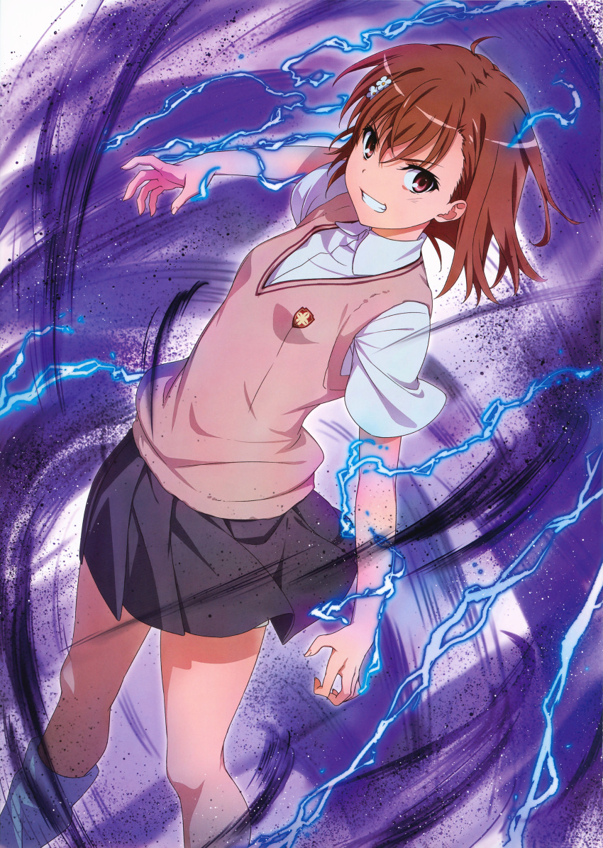 1girl, absurdres, breasts, brown_eyes, brown_hair, brown_sweater, brown_sweater_vest, brown_vest, clenched_teeth, dutch_angle, electricity, electrokinesis, emblem, fingernails, grey_skirt, hair_ornament, highres, isshi_pyuma, lightning, looking_at_viewer, loose_socks, magnetism, medium_hair, metal, metal_sand, misaka_mikoto, non-web_source, parted_lips, pleated_skirt, psychic, school_emblem, school_uniform, shirt, short_shorts, short_sleeves, shorts, shorts_under_skirt, skirt, sleeveless, sleeveless_sweater, small_breasts, smile, socks, solo, summer_uniform, sweater, sweater_vest, teeth, toaru_kagaku_no_railgun, toaru_majutsu_no_index, tokiwadai_school_uniform, v-neck, vest