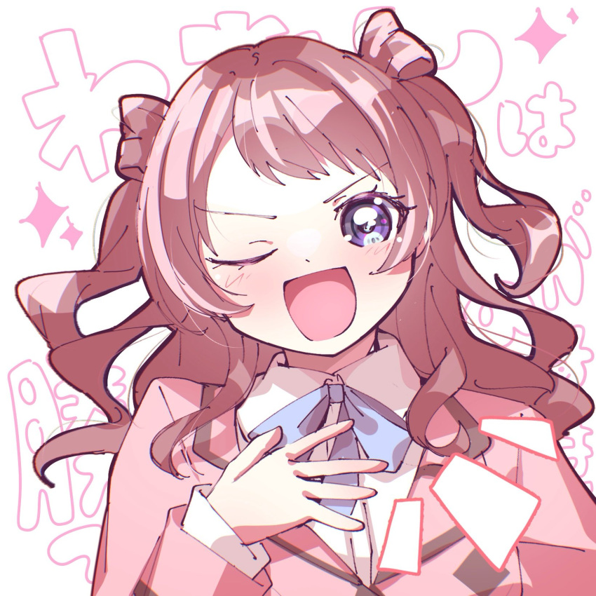 1girl, blue_eyes, blue_ribbon, blush, brown_hair, gakuen_idolmaster, hanami_saki, hand_on_own_chest