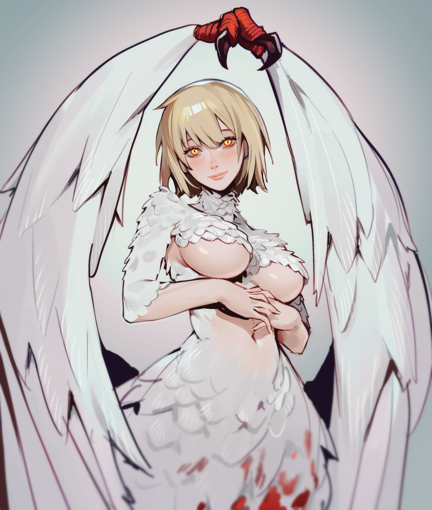 1girl, absurdres, blonde_hair, blood, breasts, chimera, closed_mouth, covered_nipples
