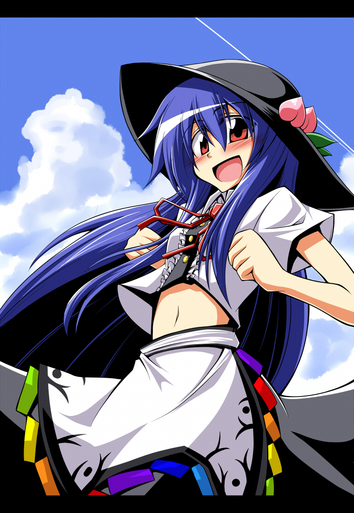 bow, food, fruit, hat, hinanawi_tenshi, midriff, peach, red_eyes