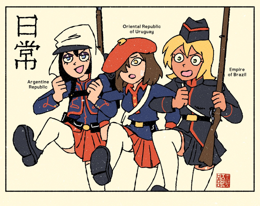 3girls, argentina, artist_logo, belt, black_footwear, black_hair, black_hat, black_skirt