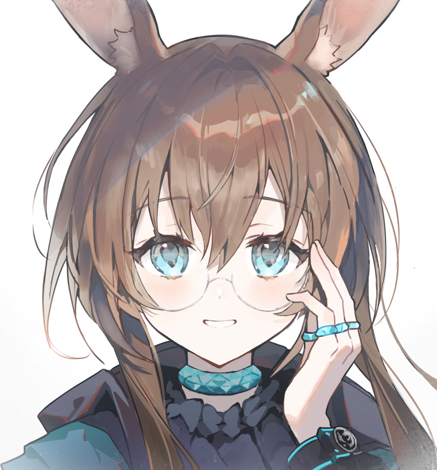 1girl, absurdres, amiya_(arknights), animal_ears, arknights, arm_up, bespectacled, blue_eyes