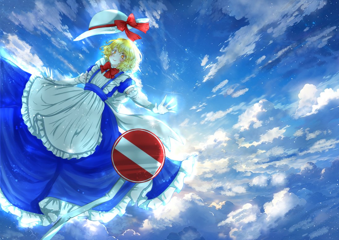 1girl, apron, blonde_hair, blue_dress, blue_sky, bow, bowtie, closed_mouth, clouds, cloudy_sky, commentary_request, dress, elbow_gloves, flying, frilled_apron, frills, gloves, hakase_(chitama_shinryaku), happy, hat, hat_bow, kana_anaberal, no_parking_sign, outdoors, red_bow, red_bowtie, short_hair, sky, smile, sun_hat, touhou, touhou_(pc-98), white_apron, white_gloves, white_hat, yellow_eyes