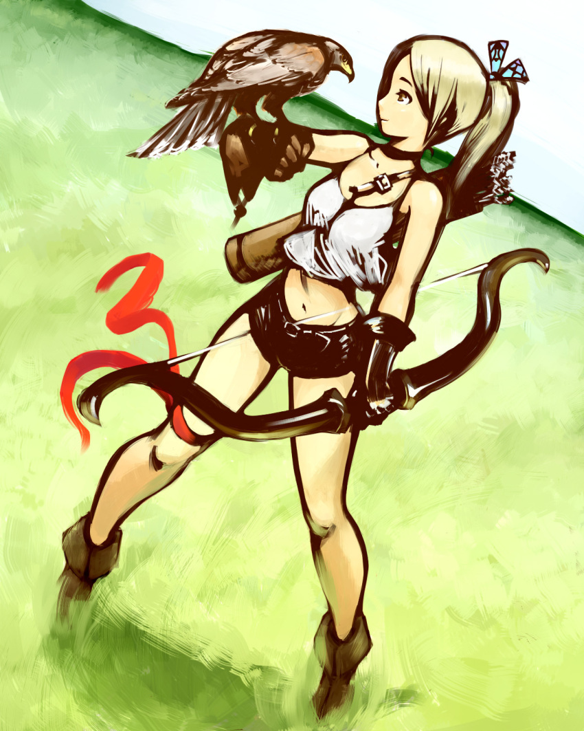 belt, bird, bizon, boots, bow, bow_(weapon), gloves, grass, hair_bow, hawk, highres, midriff, navel, original, ponytail, pp-19_bizon_(pixiv), quiver, shorts, solo, tank_top, weapon