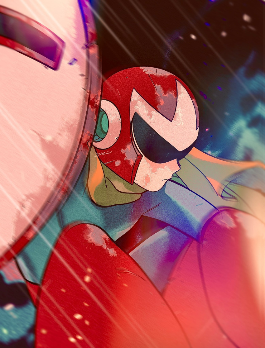 1boy, assault_visor, black_bodysuit, bodysuit, helmet, highres, light_rays, mega_man_(series)