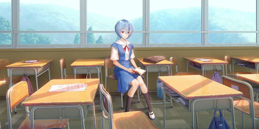 1girl, aqua_hair, artist_request, ayanami_rei, backpack, bag, black_socks, blue_skirt