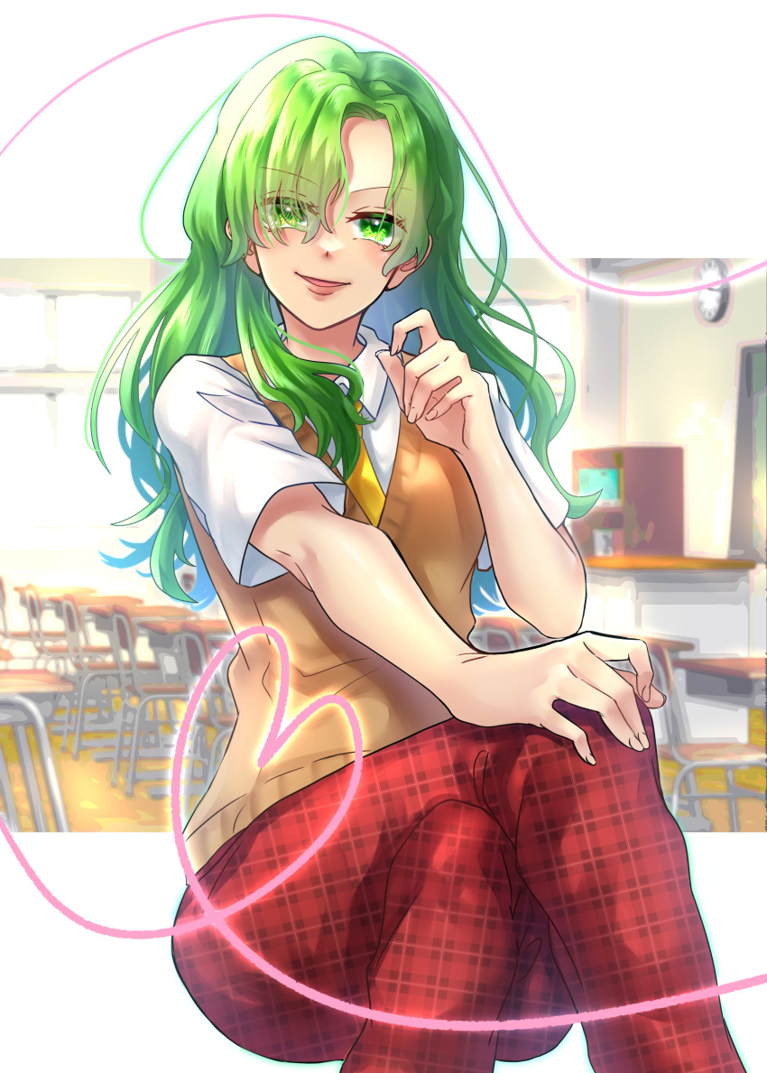 1girl, absurdres, ascot, blush, brown_vest, chalkboard, classroom, clock