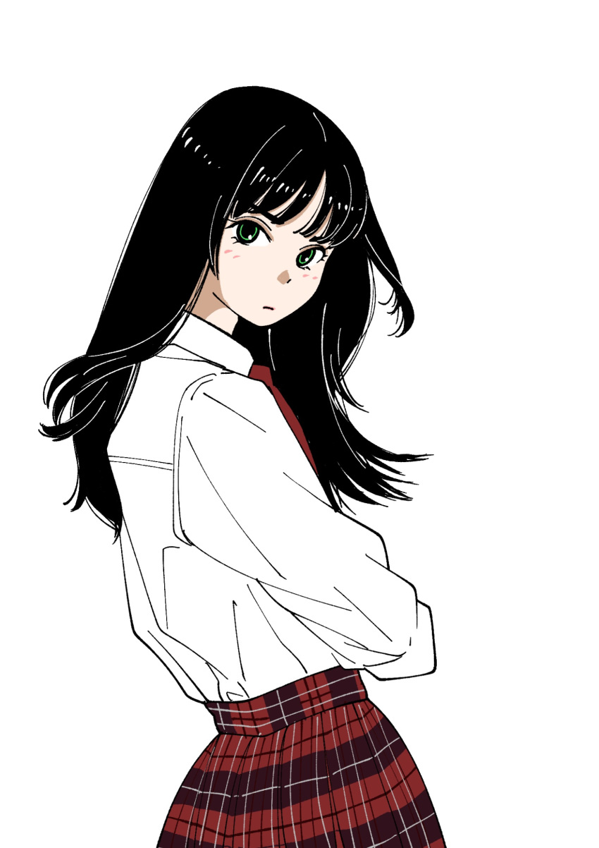 black_hair, crossed_arms, from_side, green_eyes, highres, long_hair, looking_at_viewer, necktie