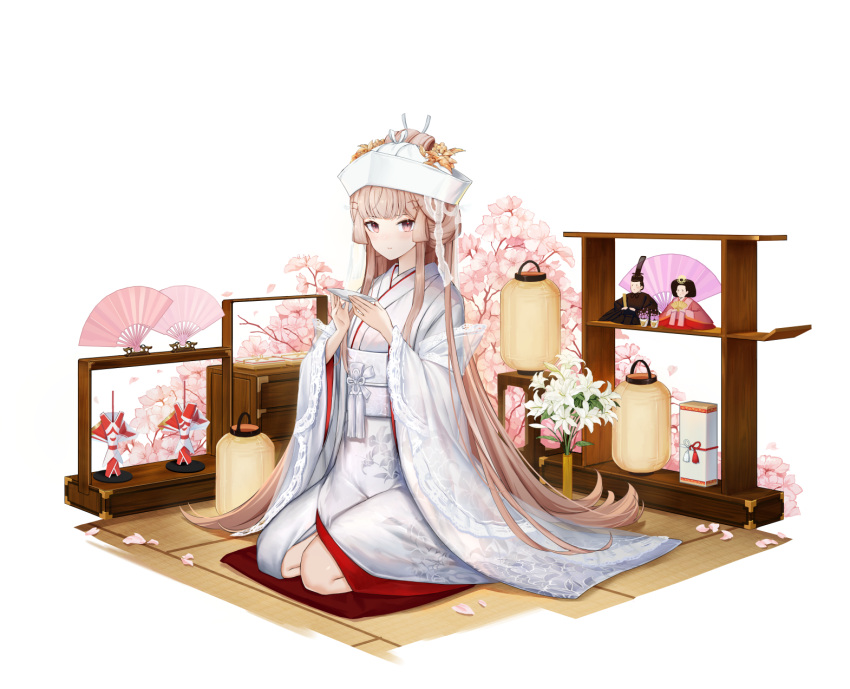 1girl, artist_request, blonde_hair, blunt_bangs, box, brown_eyes, cherry_blossoms, closed_mouth
