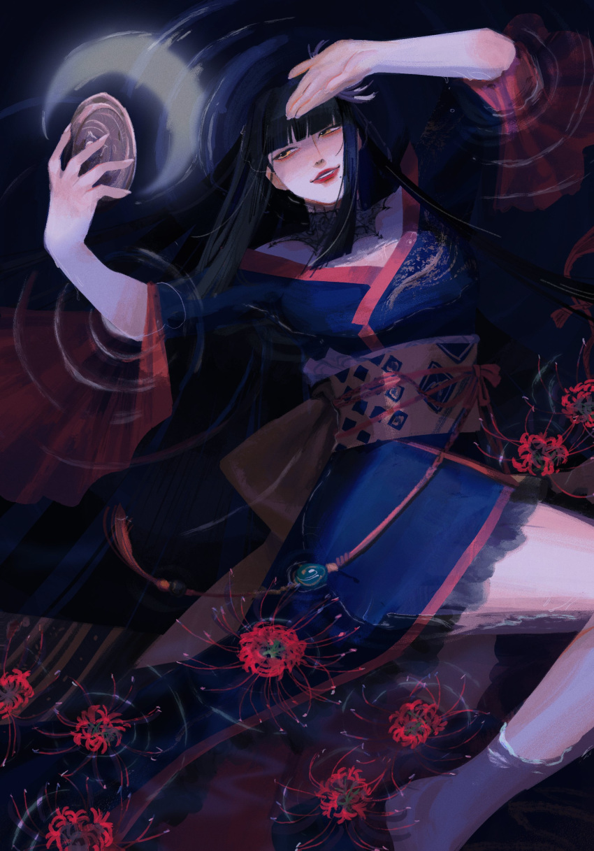 1girl, absurdres, airpine, alternate_eye_color, back_bow, barefoot, black_hair, blue_kimono, blunt_bangs, bow, crescent_moon, final_fantasy, final_fantasy_xiv, flower, flower_on_liquid, foot_out_of_frame, from_above, hair_flower, hair_ornament, highres, holding, holding_mirror, hyur, inrou, japanese_clothes, kimono, long_hair, lying, mirror, mole, mole_under_mouth, moon, moon_reflection, obi, obiage, obijime, on_back, parted_lips, partially_submerged, red_flower, red_lips, red_spider_lily, red_trim, reflection, ripples, sash, smile, solo, spider_lily, straight_hair, tassel, two-sided_fabric, water, wide_sleeves, yellow_eyes, yotsuyu_goe_brutus