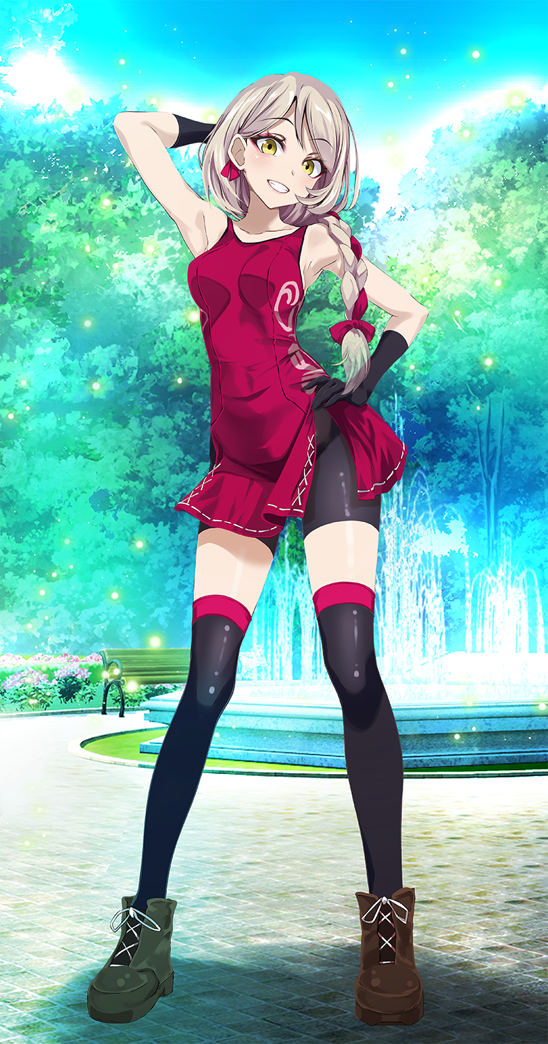 1girl, bench, bike_shorts, black_gloves, black_shorts, black_thighhighs, blonde_hair, boots